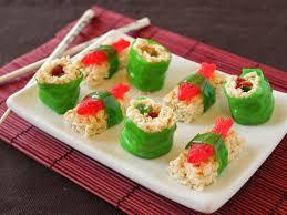 Sushi made from rice crispy treats and candy.