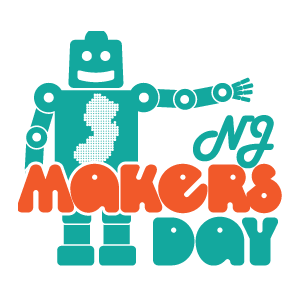 logo of NJ Makers Day, a teal robot with the image of New Jersey on his chest.