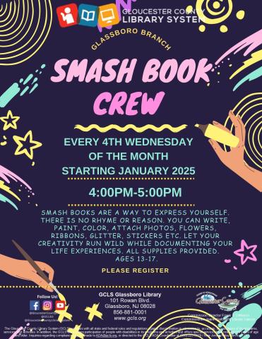 Smash books are a way to express yourself. There is no rhyme or reason. You can write, paint, color, attach photos, flowers, ribbons, glitter, stickers etc. The pages do not have to be numbered or in order. Let your creativity run wild while documenting your life experiences. All supplies provided unless you wish to use something special like a photo. We will do our best to print the materials you might need. Ages 13-17. Please register as space is limited.