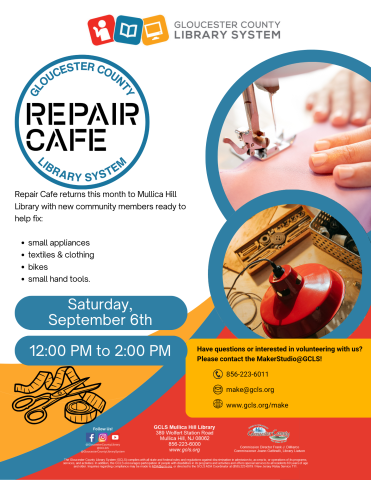 flyer for the repair cafe with date and time, brief description and a photo of a sewing maching and a work bench