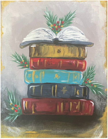 A painting of a stack of books on a neutral background, the topmost book lying open, with 4 sprays of evergreens tucked into the books