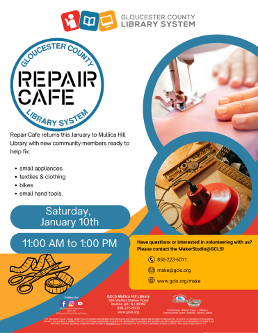 flyer for repair cafe showing date and time, with image of a close-up of a hand guiding fabric along sewing machine a tool shop table