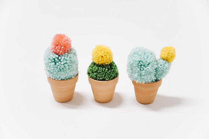 Three cacti made with pom poms and a small terracotta pot. 