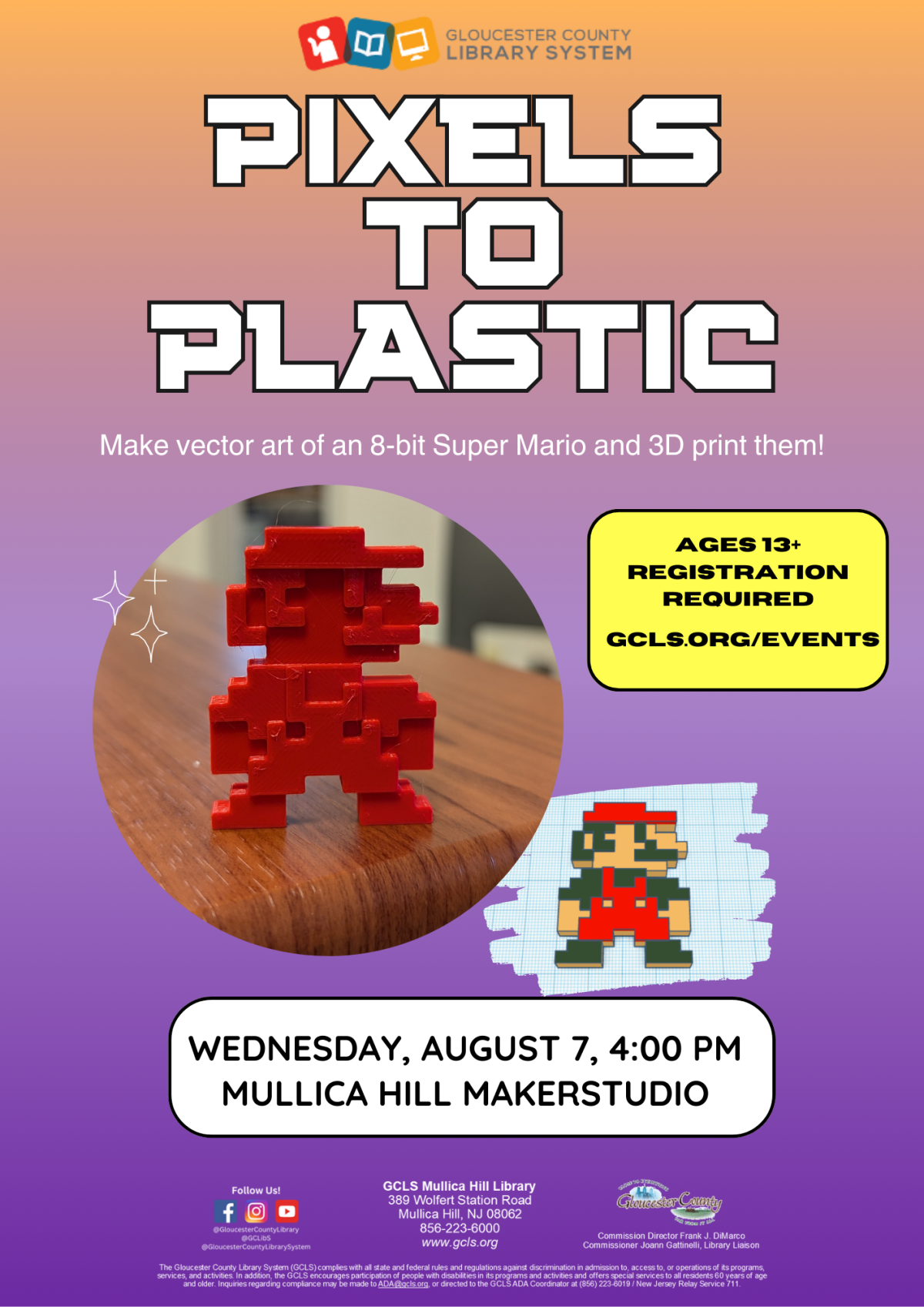 flyer for pixels to plastic program, featuring a 3D modeled Mario next to a 3D printed Mario in red